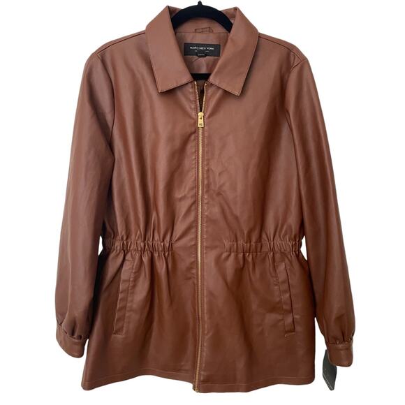 NWT Brown Faux Leather Andrew Marc New York Synched Gold Full Zip Coat/Jacket-L - Picture 1 of 5